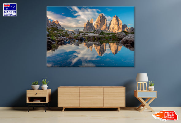 Mountains & Lake with Cloudy Sky Print 100% Australian Made Stretched Canvas Ready to Hang - NT-120