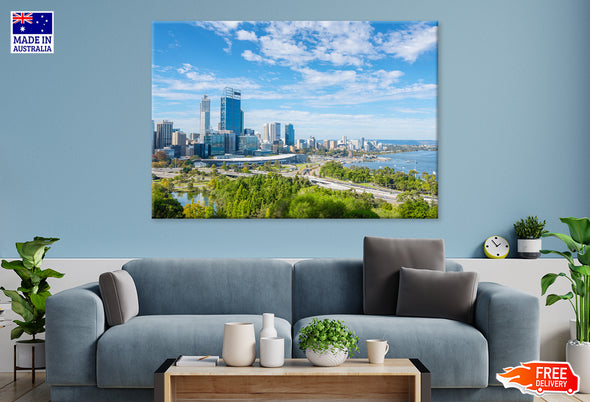 skyline of Perth City Noon View Print 100% Australian Made Stretched Canvas Ready to Hang - AU-120