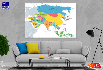 Asia Continent Main Regions Map Print 100% Australian Made Stretched Canvas Ready to Hang - MP-120