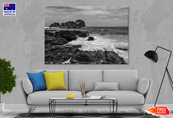 Bamboo island Rocky Seascape B&W Print 100% Australian Made Stretched Canvas Ready to Hang - BW-120