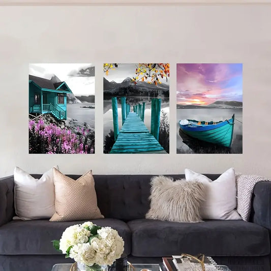 3pcs Vibrant Pink and Green Abstract Metal Print Ready to Hang Art