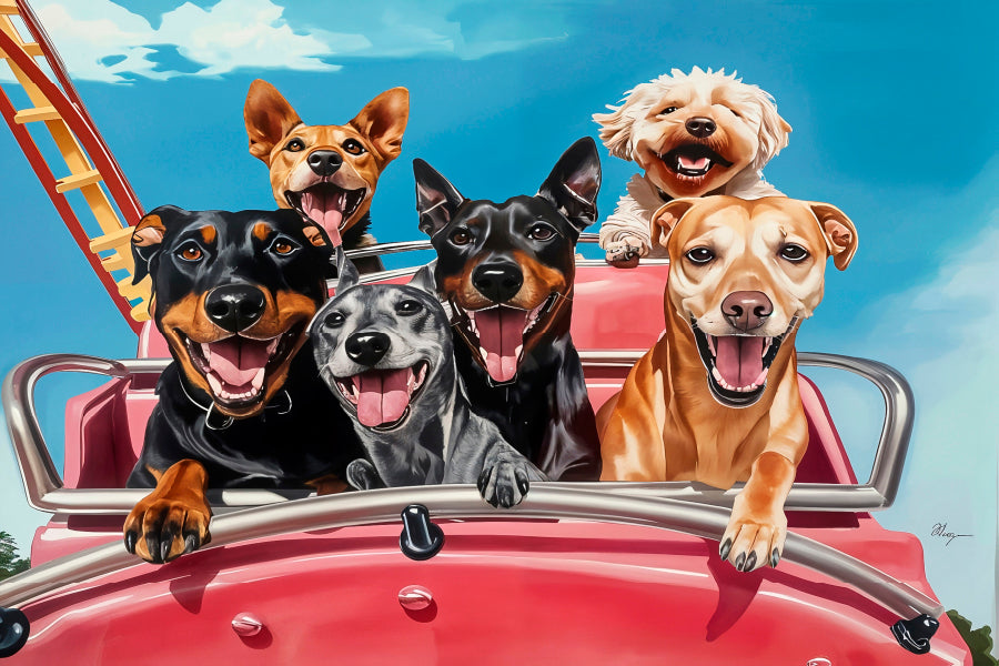 Joyful Pack of Dogs Enjoying a Thrilling Ride Print 100% Australian Made 60x40cm Stretched Canvas Ready to Hang