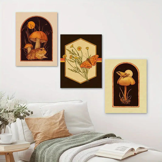 3pcs Boho Chic Butterfly & Bullfrog Mushrooms Metal Print Ready to Hang Art