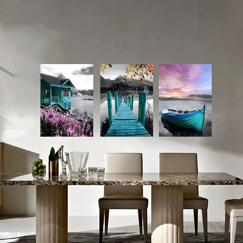 3pcs Vibrant Pink and Green Abstract Metal Print Ready to Hang Art