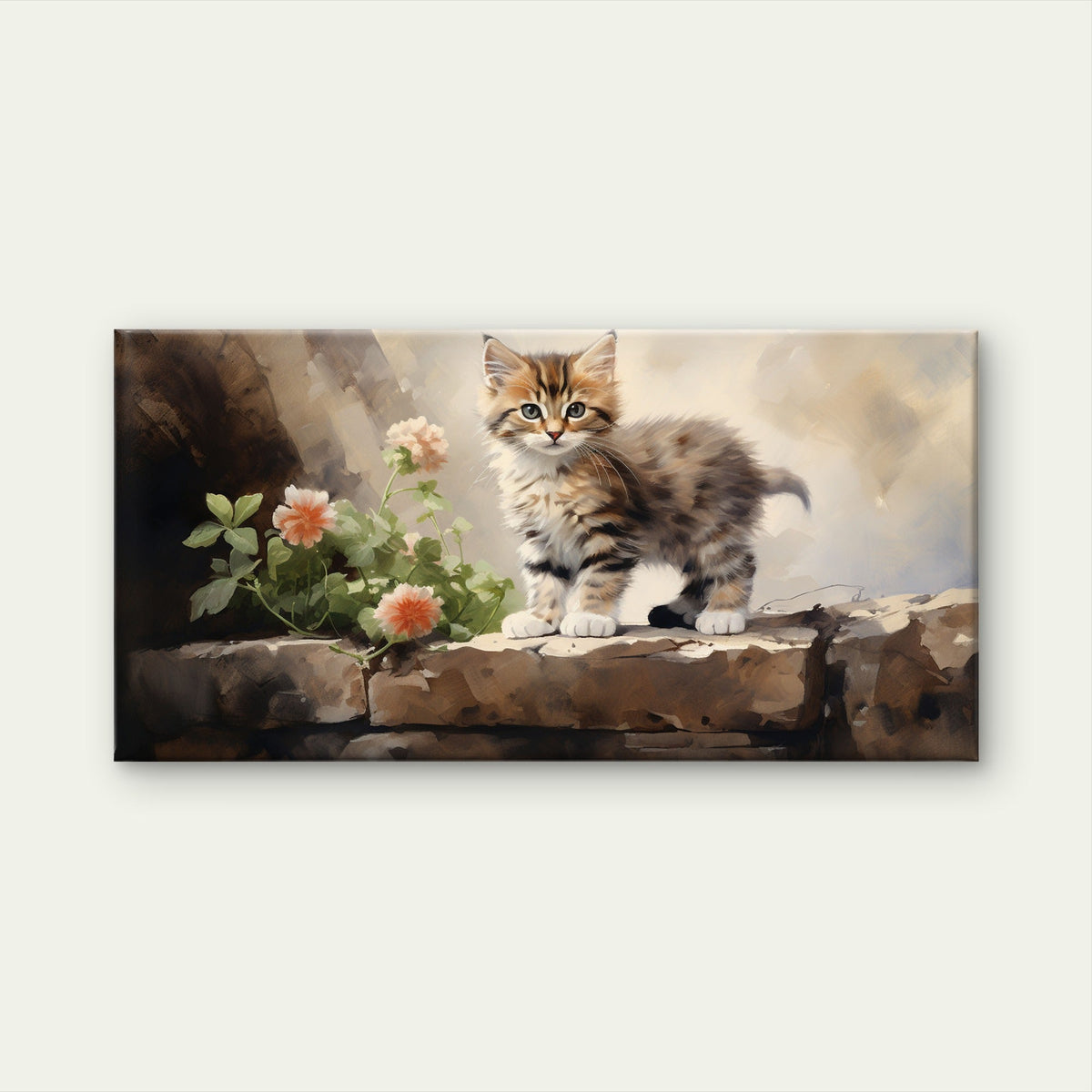 Fluffy Tabby Kitten Stone Wall Art Canvas Office Home Room Framed 120x60cm
