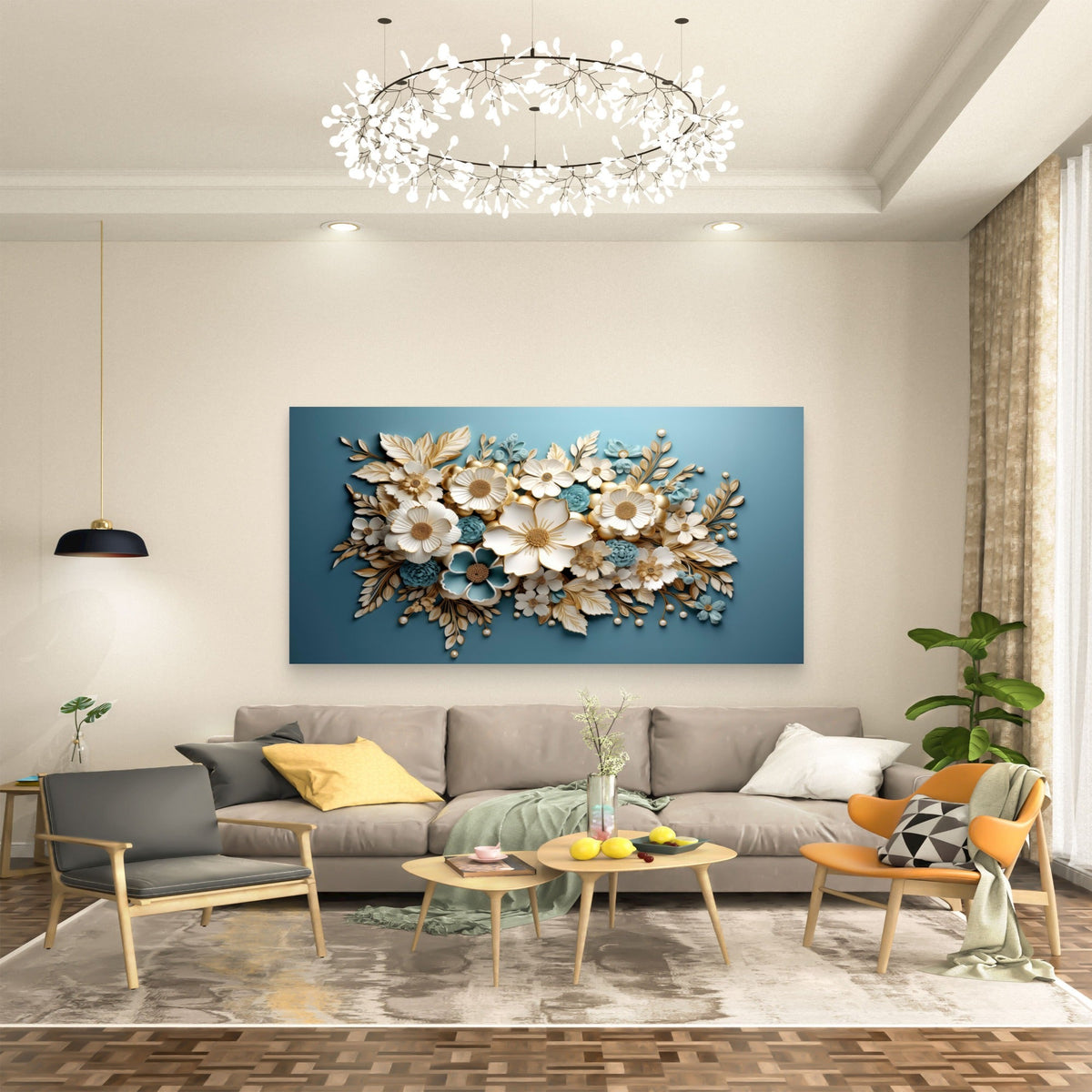 Gilded Azure Floral Harmony Wall Art Canvas Office Home Room Framed 120x60cm