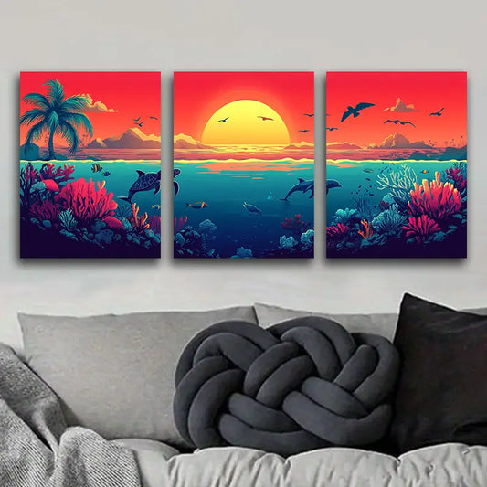 3pcs Sunset Over the Ocean Metal Print Ready to Hang Art