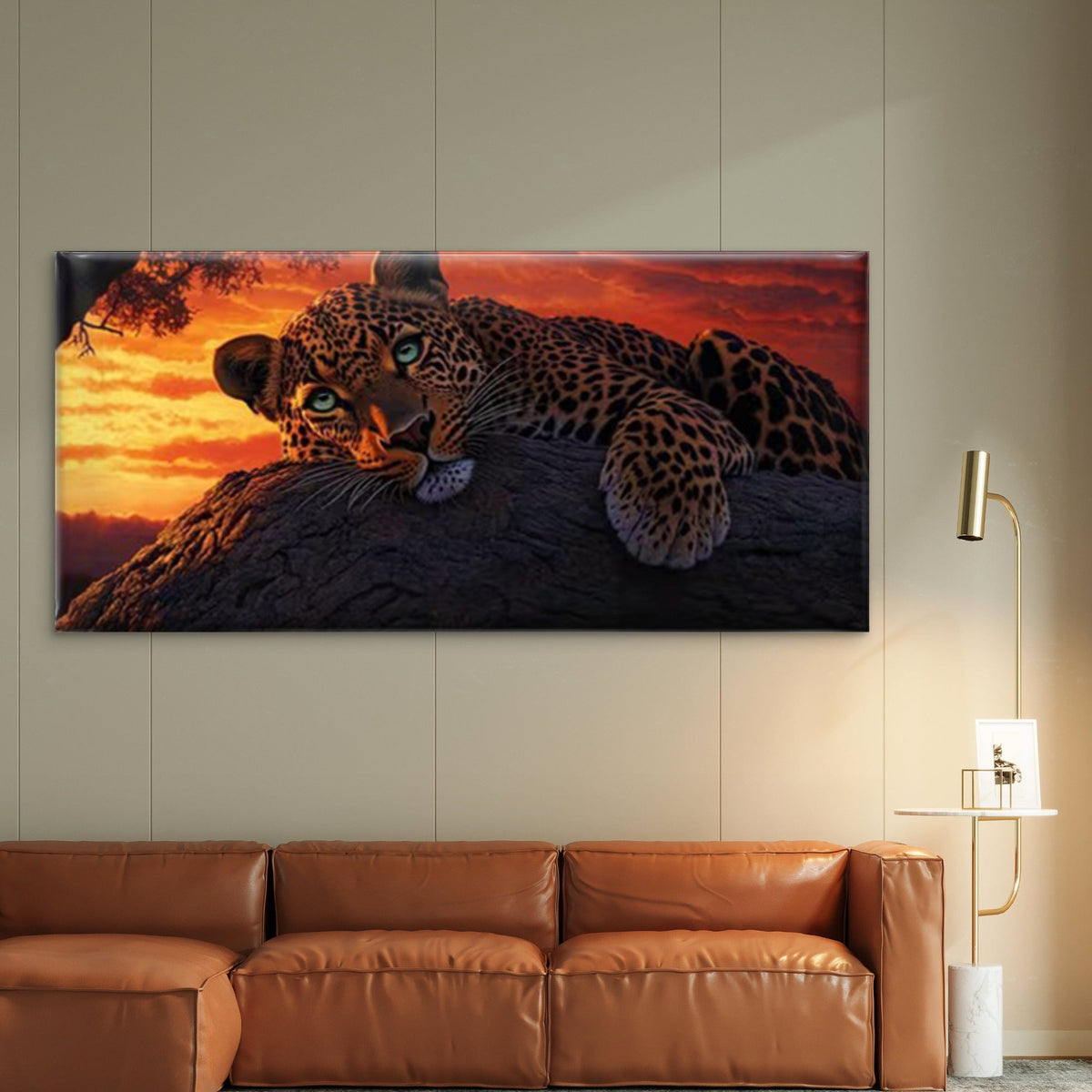 Leopard Sunset Rustic Wildlife Wall Art Canvas Office Home Room Framed 80x45cm