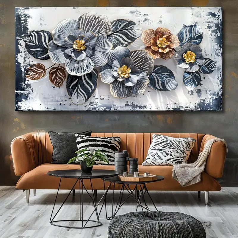 Abstract Elegant Flower Black & Golden Wall Art canvas office home room framed 120x60cm