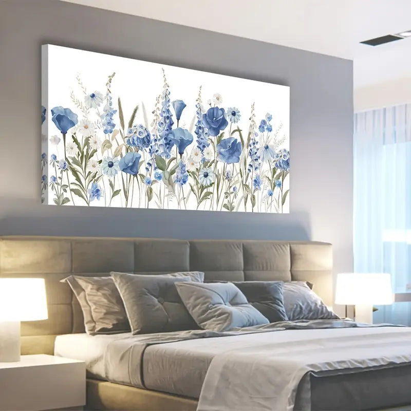 Elegant Blue Floral Rustic Wall Art canvas office home room framed 120x60cm