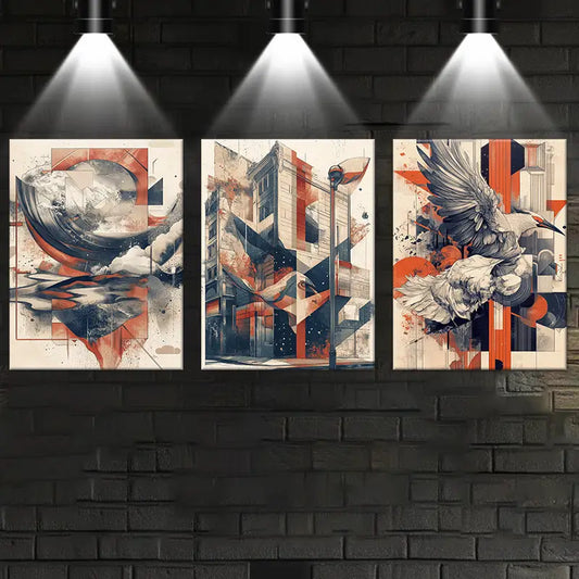 3pcs Gray Orange Geometric Pattern Abstract Metal Print Ready to Hang Art