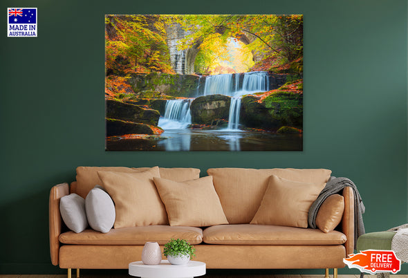 Waterfall in Autumn Forest Scenery Print 100% Australian Made Stretched Canvas Ready to Hang - NT-121