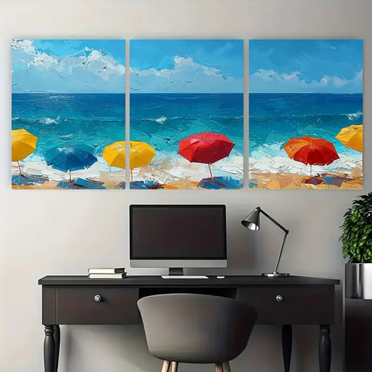 3pcs Beach Umbrella Ocean Colorful Metal Print Ready to Hang Art