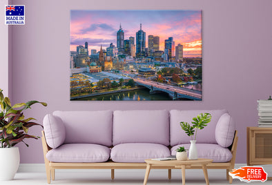 Melbourne city skyline at twilight Print 100% Australian Made Stretched Canvas Ready to Hang - AU-121