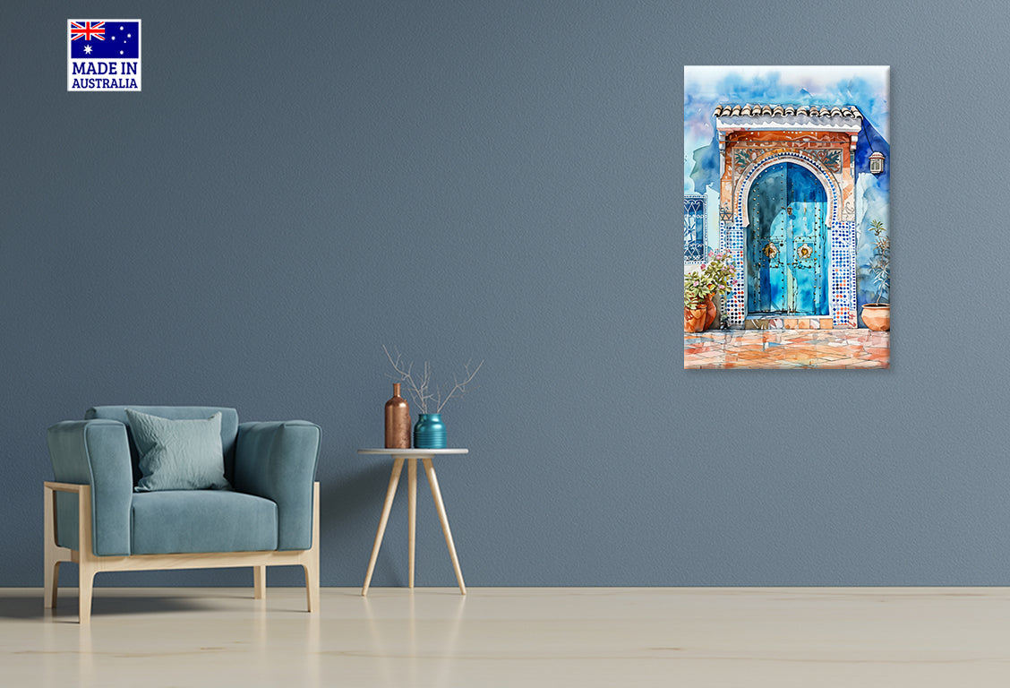 Blue Door with Potted Plants Painting Print 100% Australian Made 40x60cm Stretched Canvas Ready to Hang