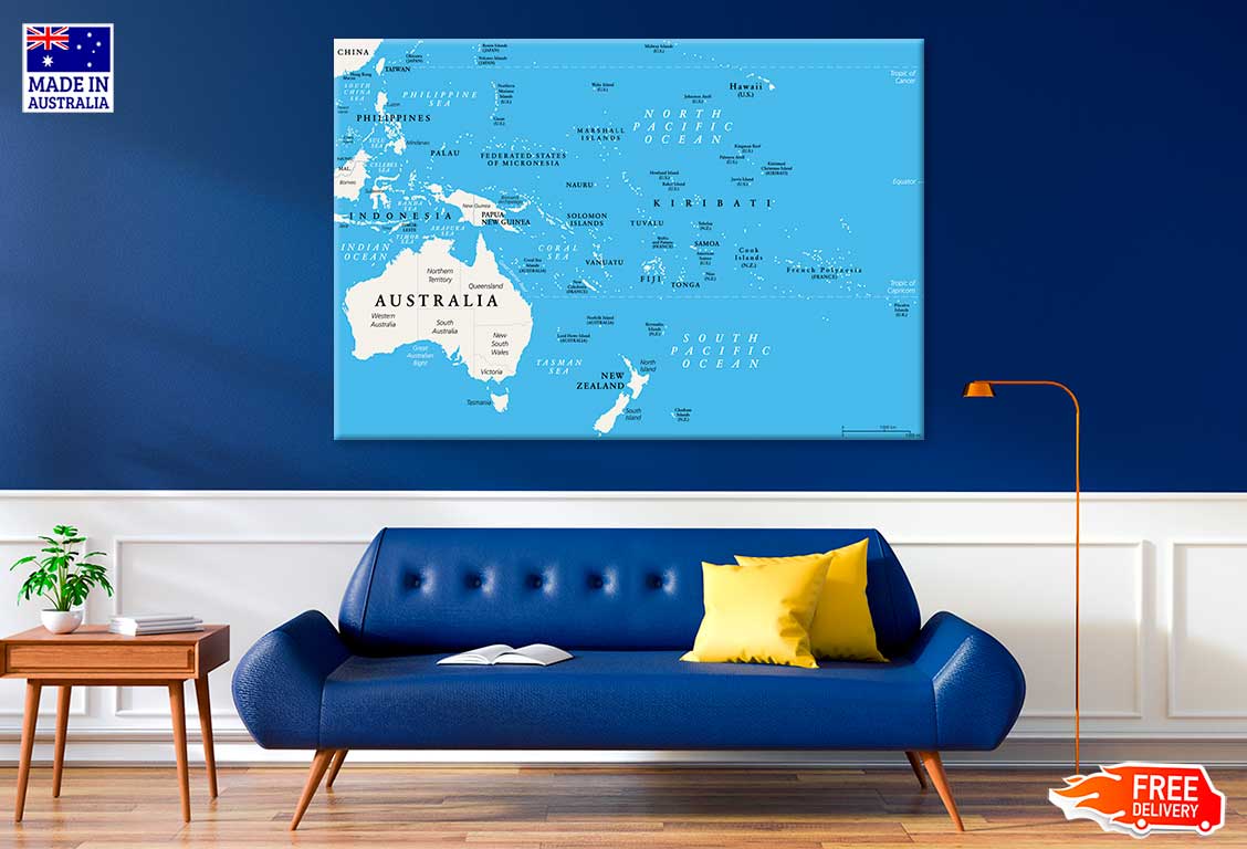 Oceania Political Map Print 100% Australian Made Stretched Canvas Ready to Hang - MP-121