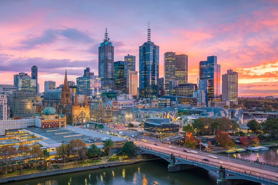 Melbourne city skyline at twilight Print 100% Australian Made Stretched Canvas Ready to Hang - AU-121