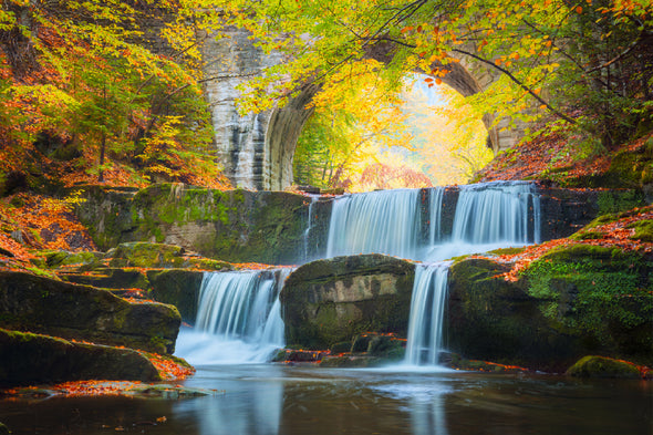 Waterfall in Autumn Forest Scenery Print 100% Australian Made Stretched Canvas Ready to Hang - NT-121