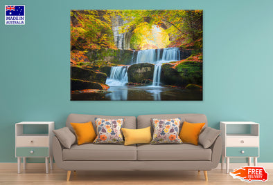 Waterfall in Autumn Forest Scenery Print 100% Australian Made Stretched Canvas Ready to Hang - NT-121