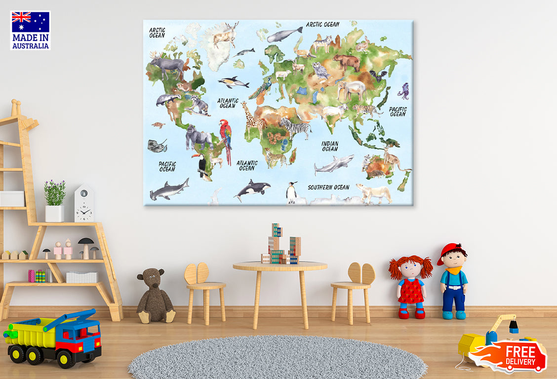 Animals on World Map Illustration Print 100% Australian Made Stretched Canvas Ready to Hang - NK-121