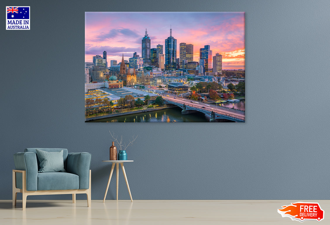 Melbourne city skyline at twilight Print 100% Australian Made Stretched Canvas Ready to Hang - AU-121