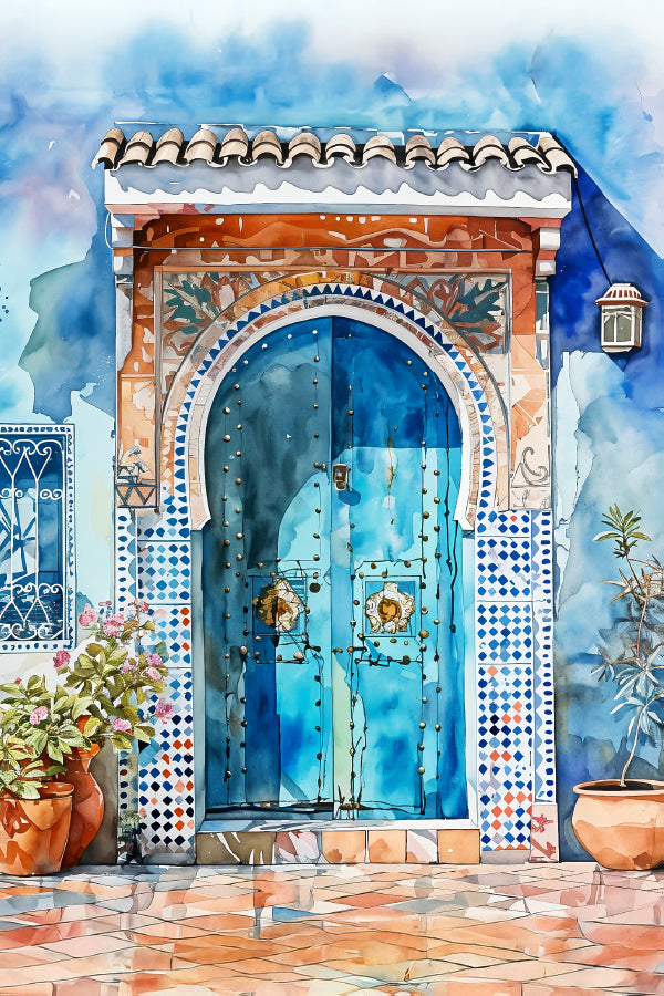 Blue Door with Potted Plants Painting Print 100% Australian Made 40x60cm Stretched Canvas Ready to Hang