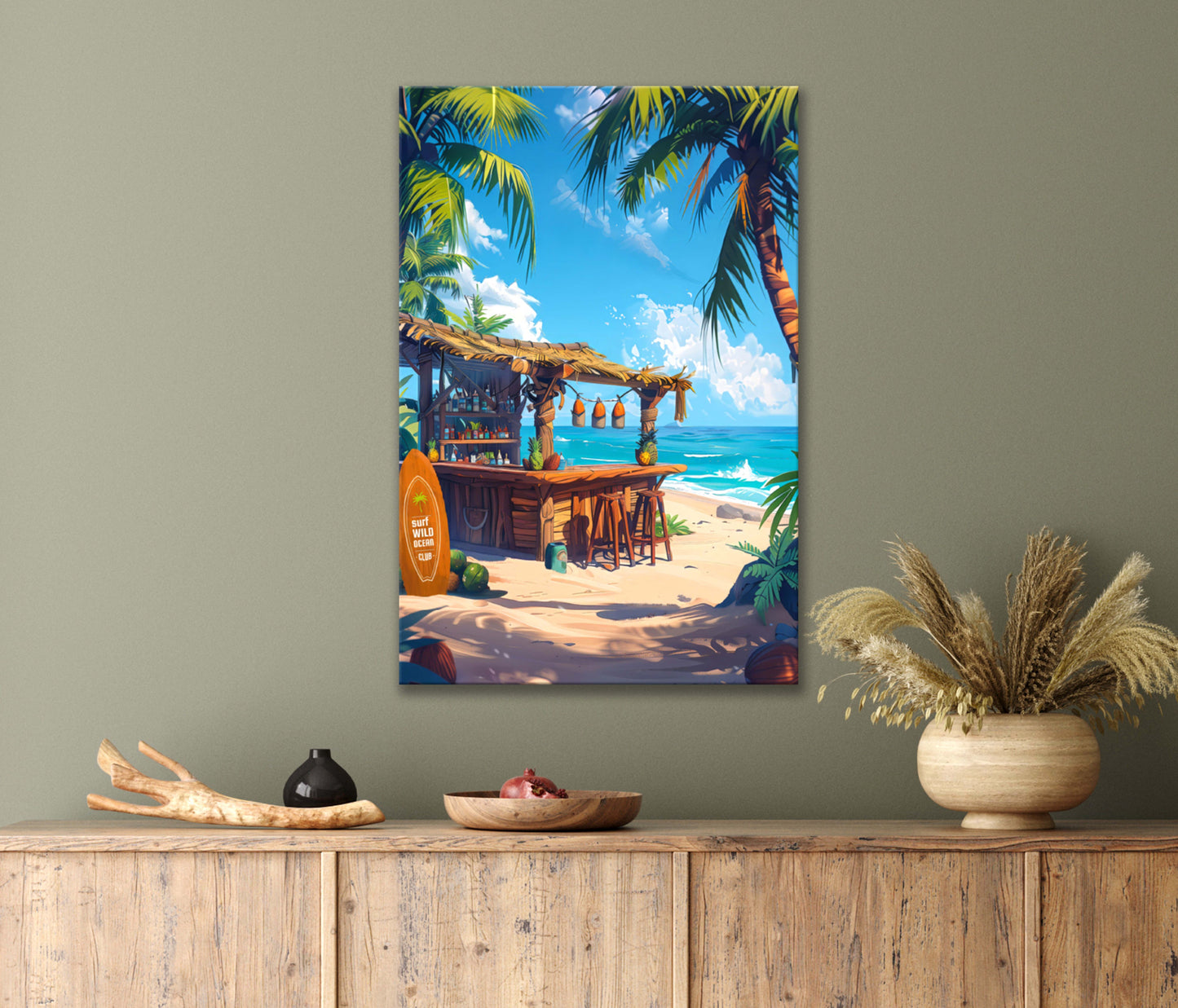 Tropical Bar on The Calm Summer Beach with Palm Trees Print 100% Australian Made 40x60cm Stretched Canvas Ready to Hang