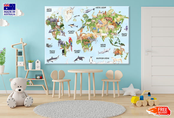 Animals on World Map Illustration Print 100% Australian Made Stretched Canvas Ready to Hang - NK-121