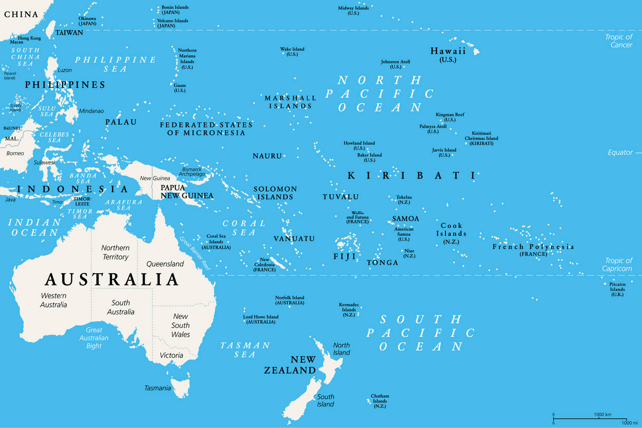 Oceania Political Map Print 100% Australian Made Stretched Canvas Ready to Hang - MP-121