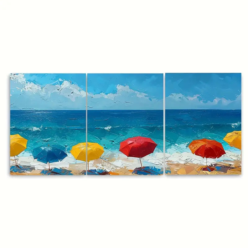 3pcs Beach Umbrella Ocean Colorful Metal Print Ready to Hang Art