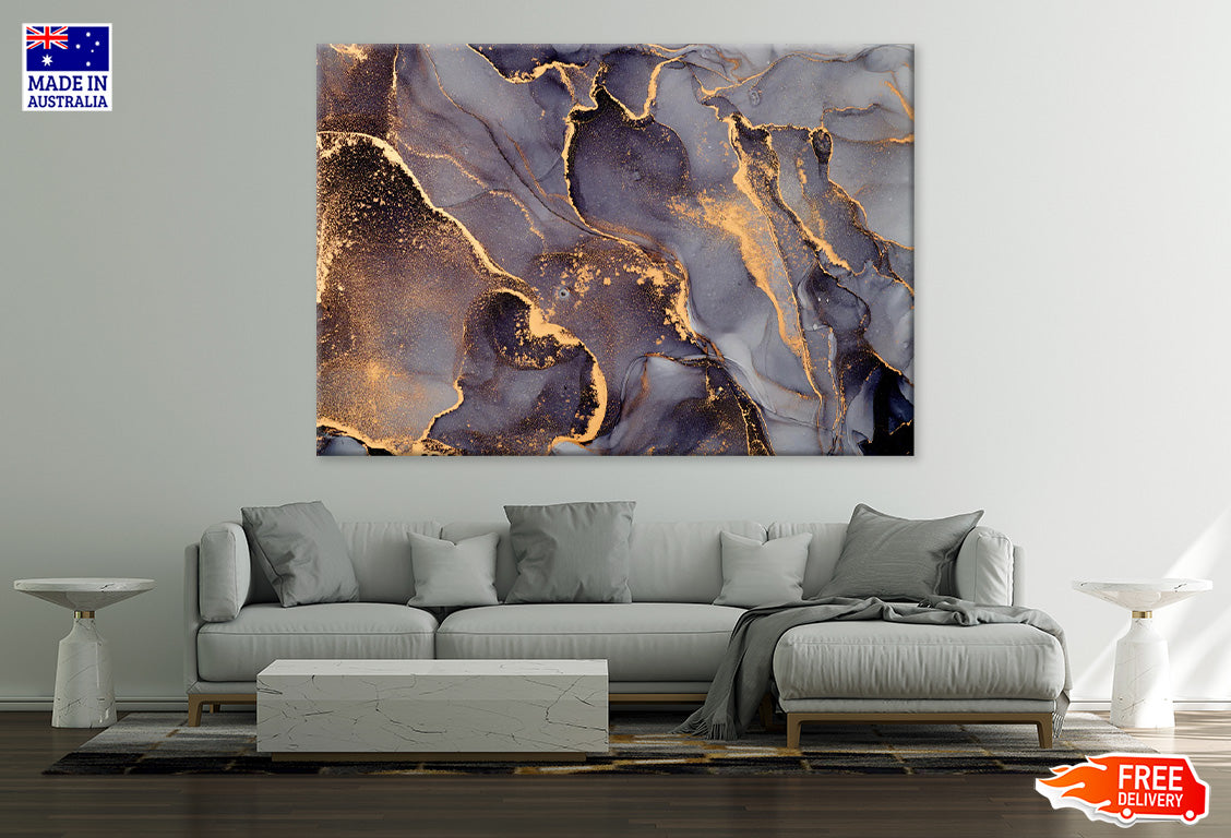 Black Grey & Gold Fluid Abstract Print 100% Australian Made Stretched Canvas Ready to Hang - AB-121