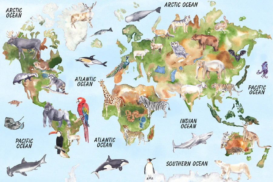 Animals on World Map Illustration Print 100% Australian Made Stretched Canvas Ready to Hang - NK-121