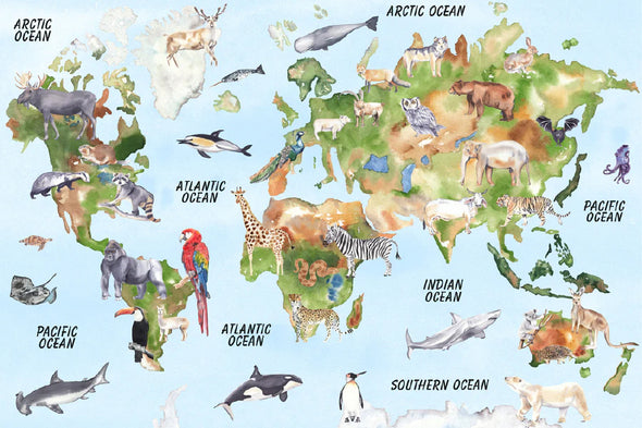 Animals on World Map Illustration Print 100% Australian Made Stretched Canvas Ready to Hang - NK-121