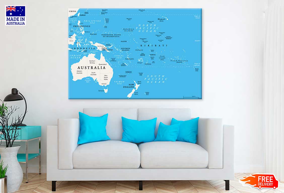 Oceania Political Map Print 100% Australian Made Stretched Canvas Ready to Hang - MP-121