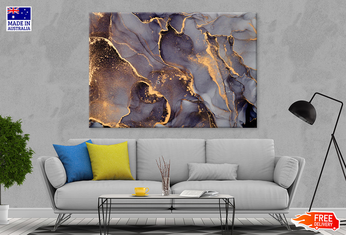 Black Grey & Gold Fluid Abstract Print 100% Australian Made Stretched Canvas Ready to Hang - AB-121