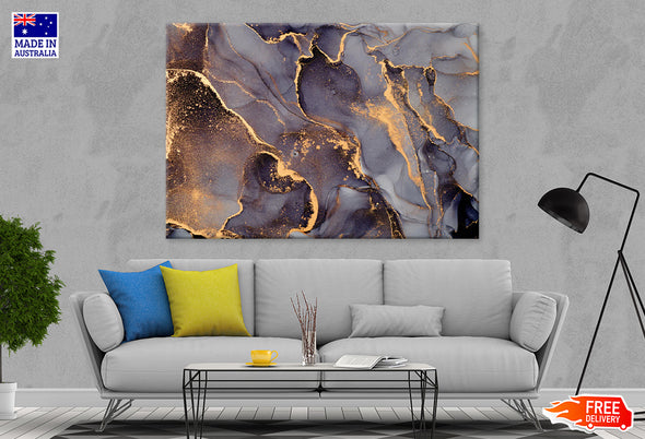 Black Grey & Gold Fluid Abstract Print 100% Australian Made Stretched Canvas Ready to Hang - AB-121