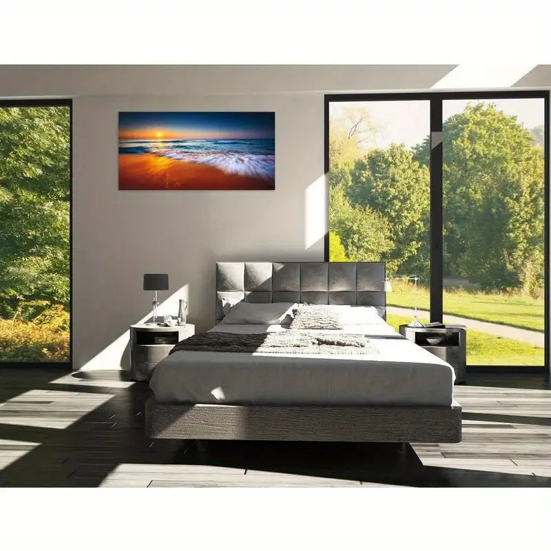 Ocean Sunrise Beach Vibrant Orange & Blue Waves Wall Art canvas office home room framed 120x60cm