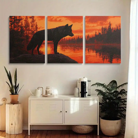 3pcs Black Wolf Silhouette at Sunset Classic Design Metal Print Ready to Hang Art
