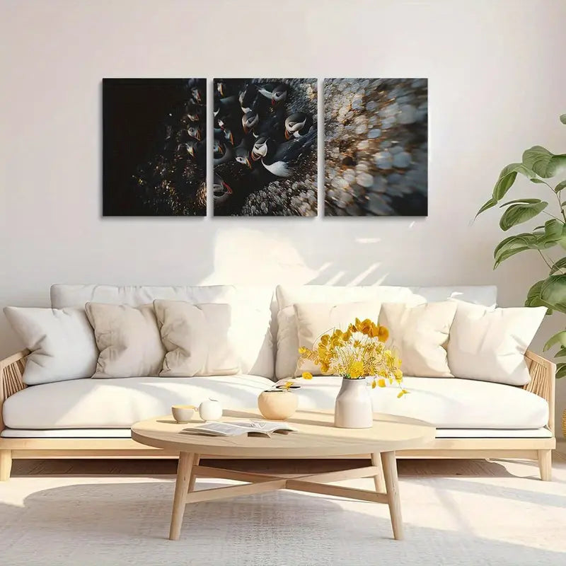 3pcs Puffins Huddled Together Classic Design Metal Print Ready to Hang Art
