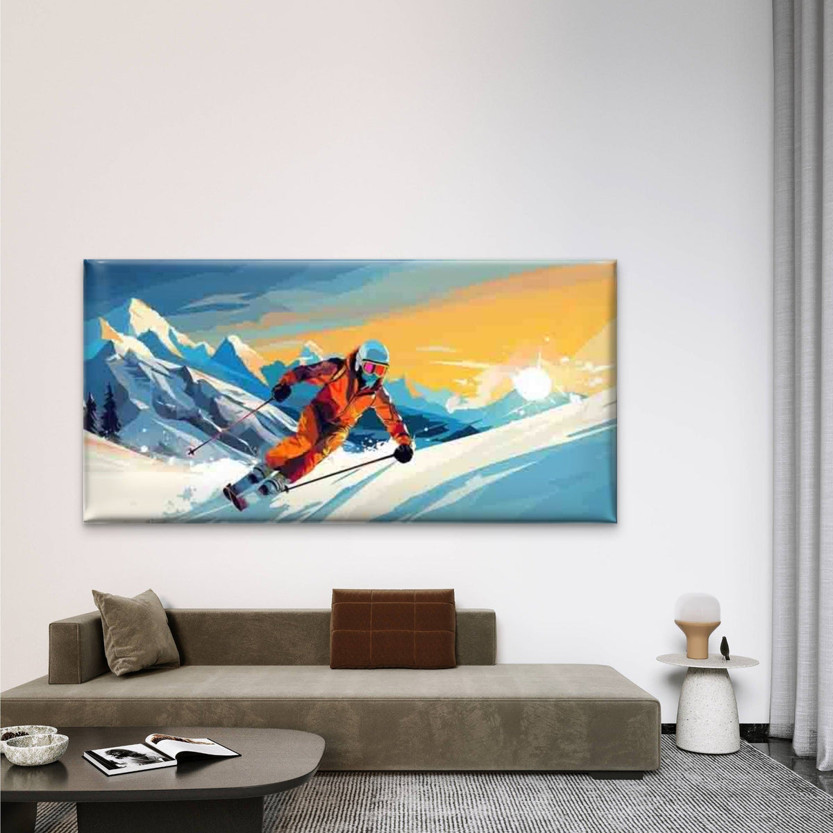 Retro Abstract Skier Painting Wall Art Canvas Office Home Room Framed 80x45cm