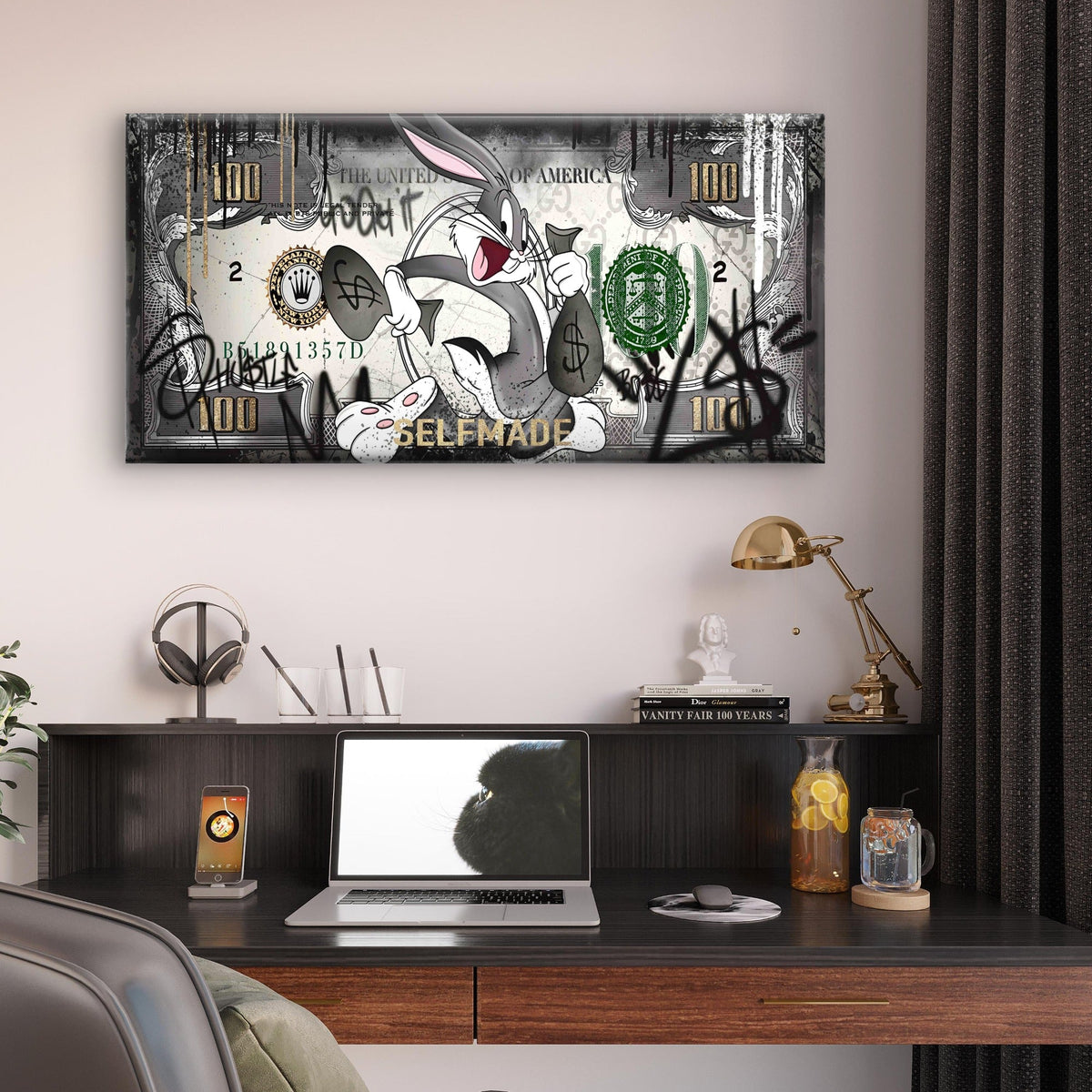 Running Rabbit Money Print Wall Art Canvas Office Home Room Framed 120x60cm