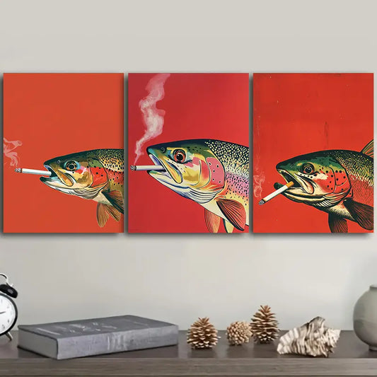 3pcs Rainbow trout smoke Metal Print Ready to Hang Art
