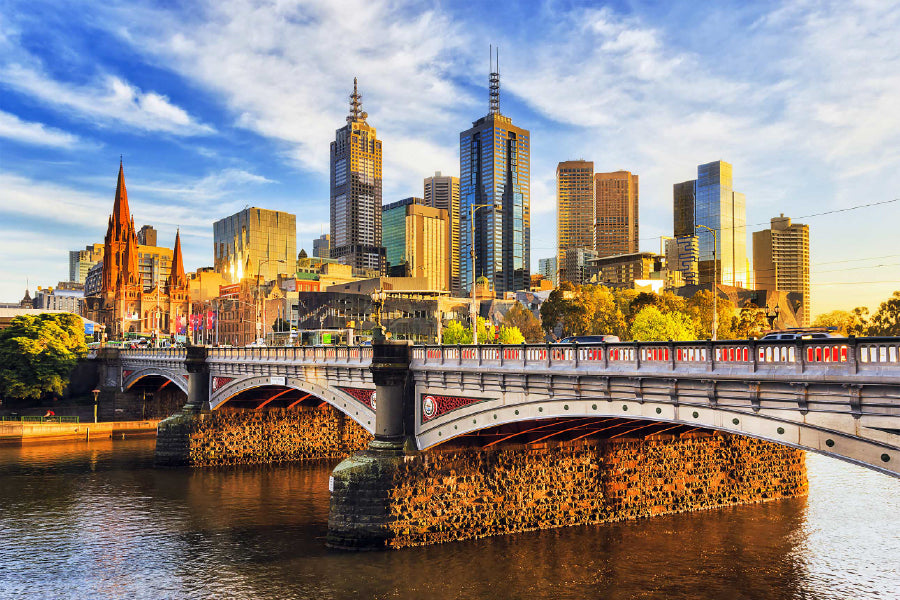 Princes bridge & Melbourne City Morning Sunrise Print 100% Australian Made Stretched Canvas Ready to Hang - AU-122