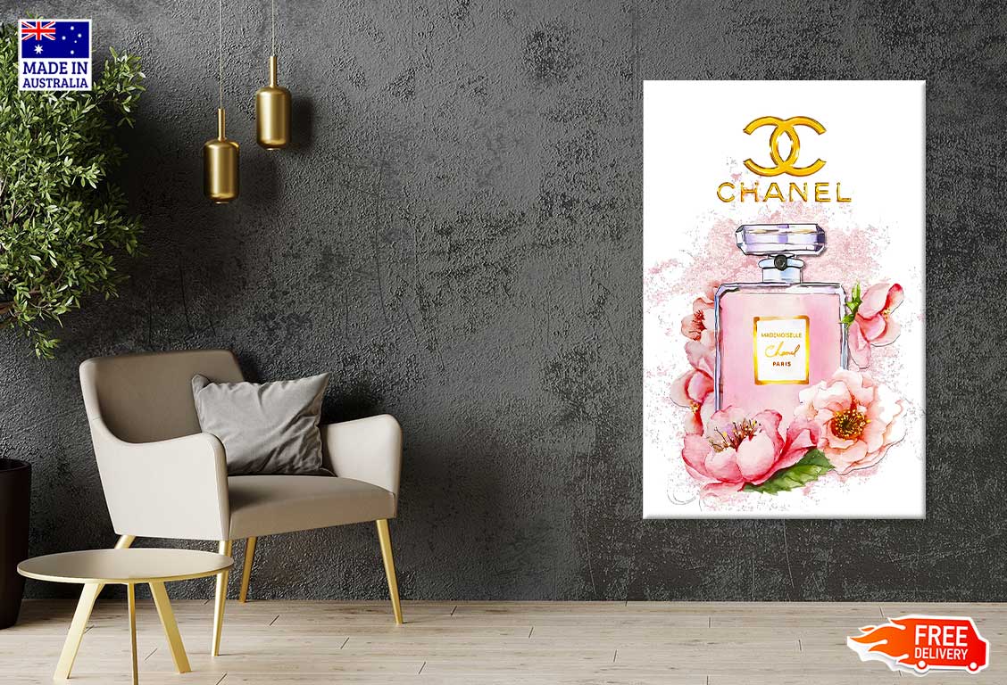 Pink Flowers & Pink Perfume Bottle Fashion Print 100% Australian Made Stretched Canvas Ready to Hang - FS - 149