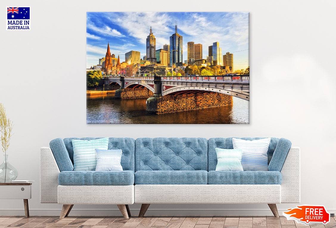 Princes bridge & Melbourne City Morning Sunrise Print 100% Australian Made Stretched Canvas Ready to Hang - AU-122