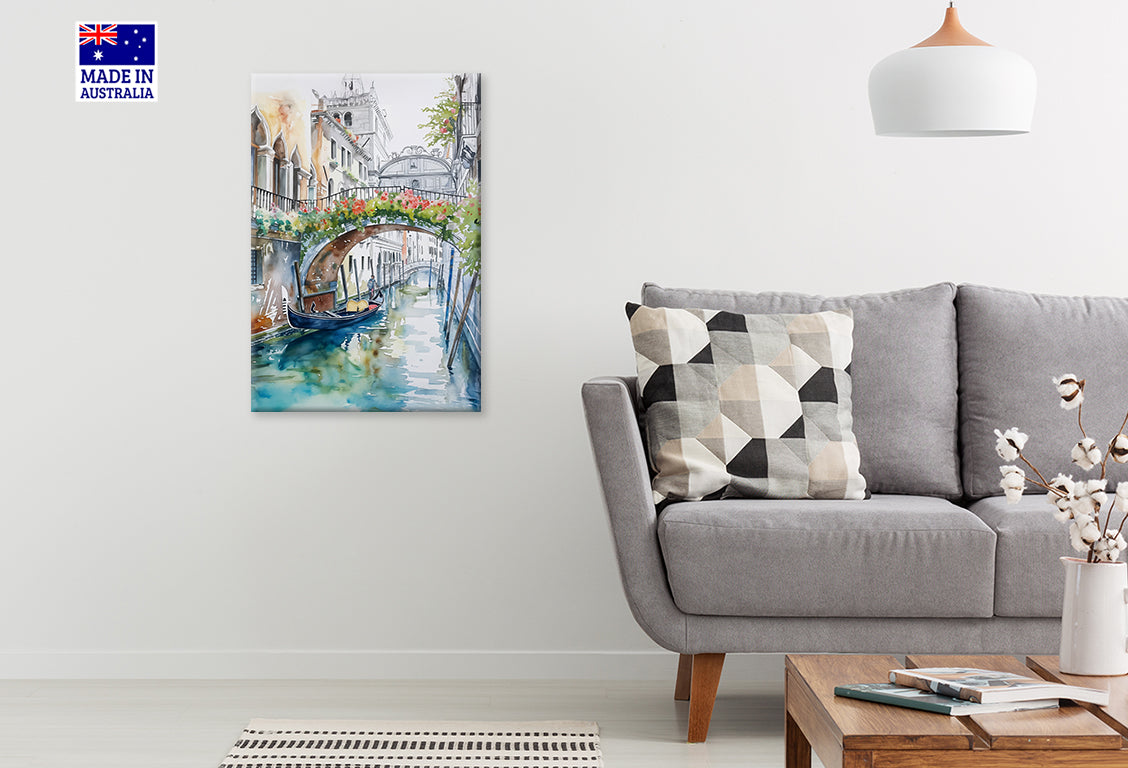 Peaceful Scene of a Gondola on a Canal Print 100% Australian Made 40x60cm Stretched Canvas Ready to Hang