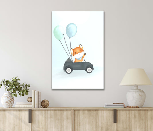 Watercolor Fox Driving a Car Filled with Balloons Paint Print 100% Australian Made 40x60cm Stretched Canvas Ready to Hang