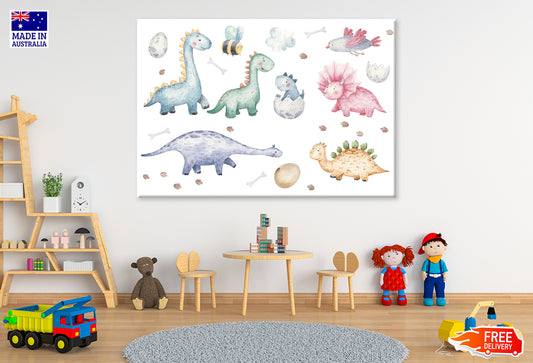 Colorful Dinosaurs Watercolor Painting Print 100% Australian Made Stretched Canvas Ready to Hang - NK-122