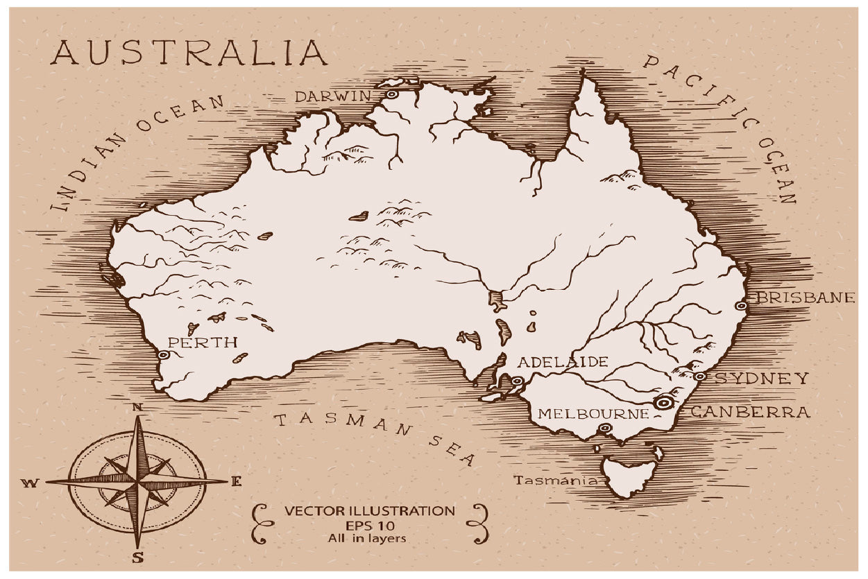 Vintage Map Australia Vector Print 100% Australian Made Stretched Canvas Ready to Hang - MP-122