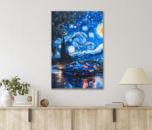 Dreamy Vibes with This Painting of a Car Under Starry Sky Print 100% Australian Made 40x60cm Stretched Canvas Ready to Hang